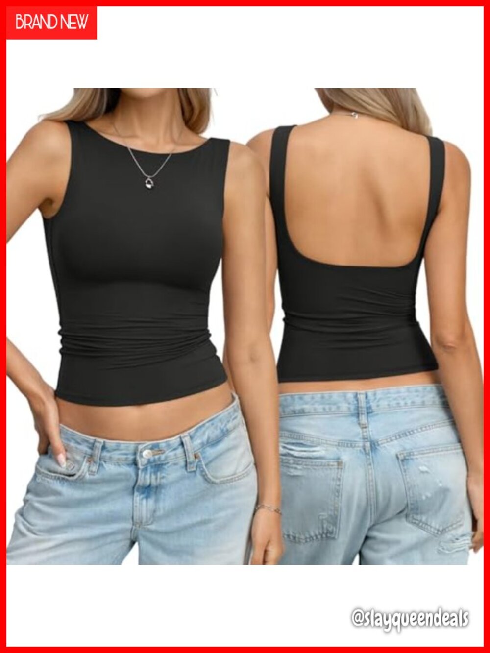 Women's Double Lined Backless Crop Tank Top Fitted Boat Neck Sleeveless